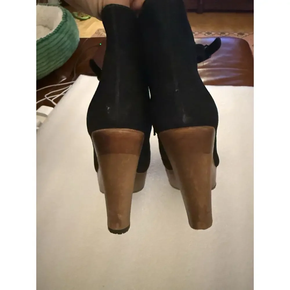 See by Chloe | Solfo Black Suede Leather Buckle Wood Platform Boho Booties 38 8
